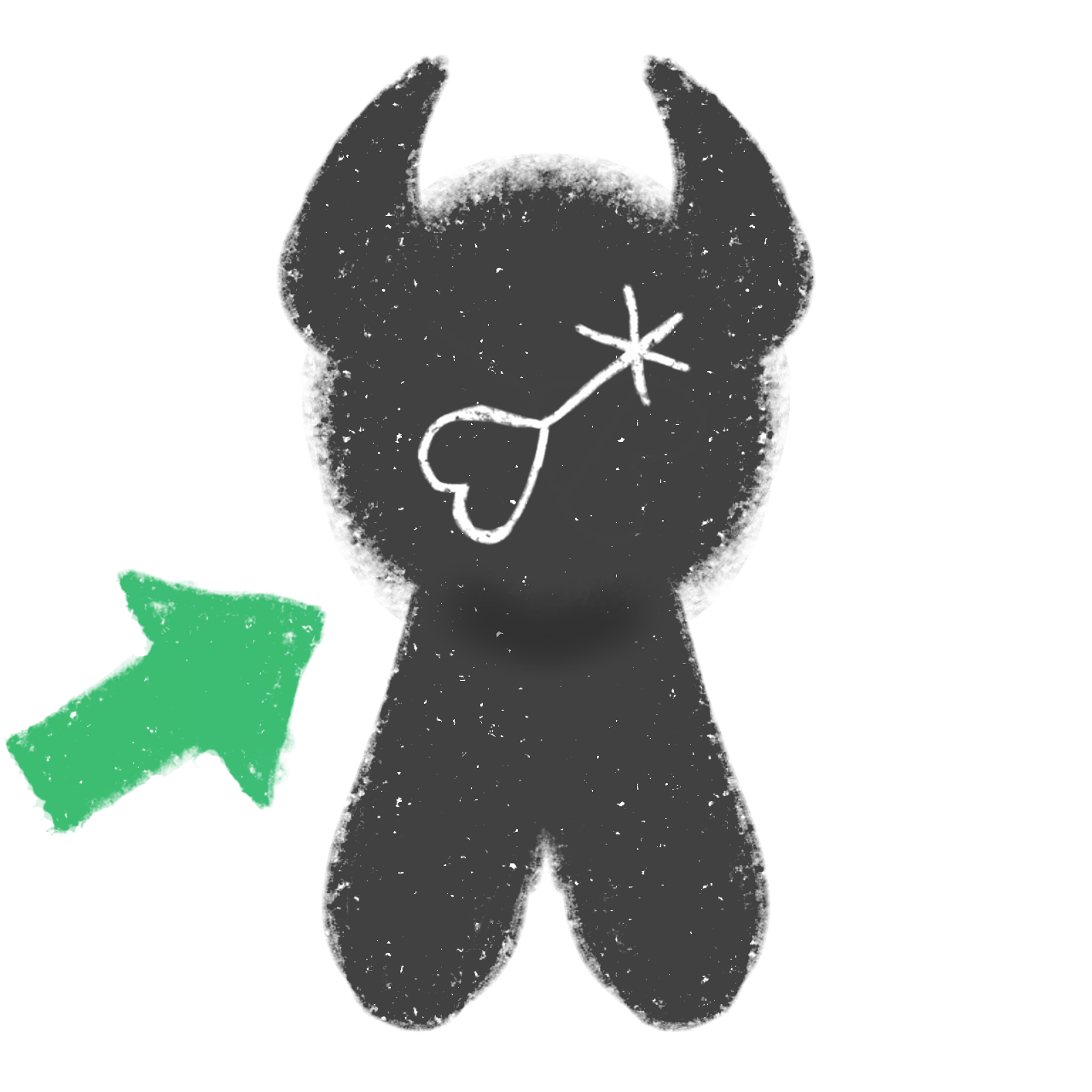 a simple drawing of a grey monster with a 'nonbinary' symbol made with a heart on its face, a green arrow Is pointing at it.